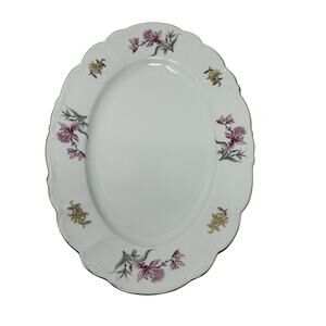 Fine Bohemian China Oval Platter Czechoslovakia 13 3/4" Vtg Pink Lily Gold Trim